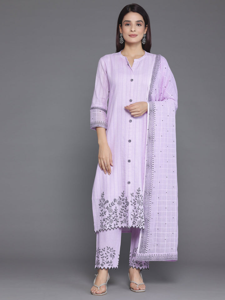 Lavender Woven Design Cotton Straight Suit With Dupatta