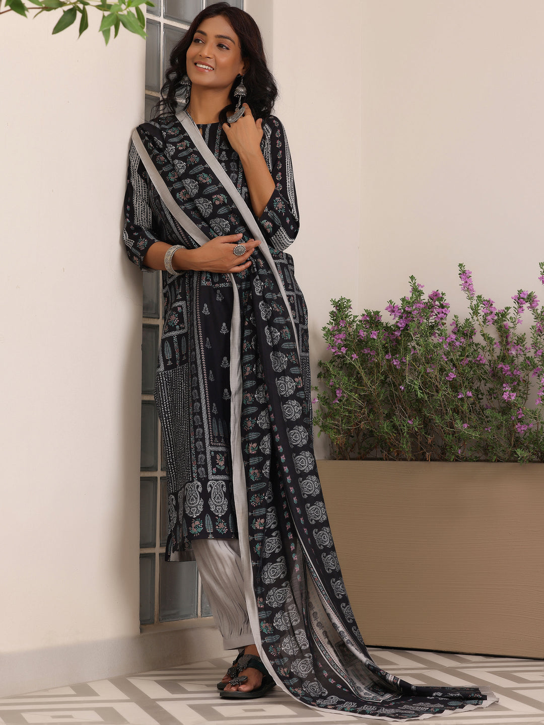 Black Printed Silk Blend Straight Suit With Dupatta