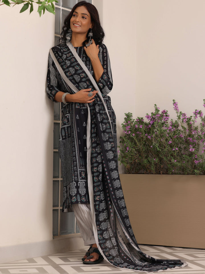 Black Printed Silk Blend Straight Suit With Dupatta