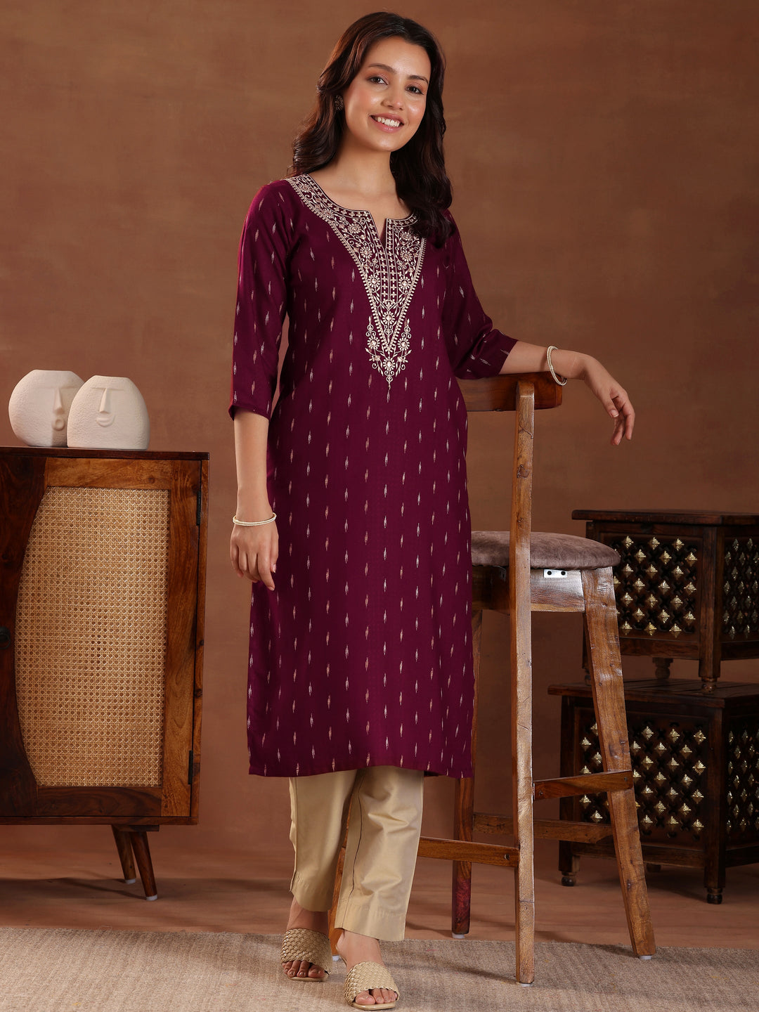 Maroon Woven Design Cotton Straight Kurta