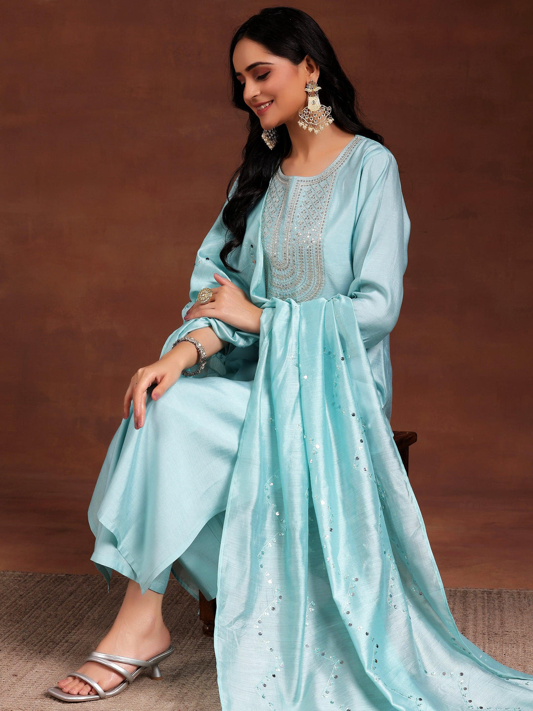 Blue Yoke Design Silk Blend Straight Suit With Dupatta