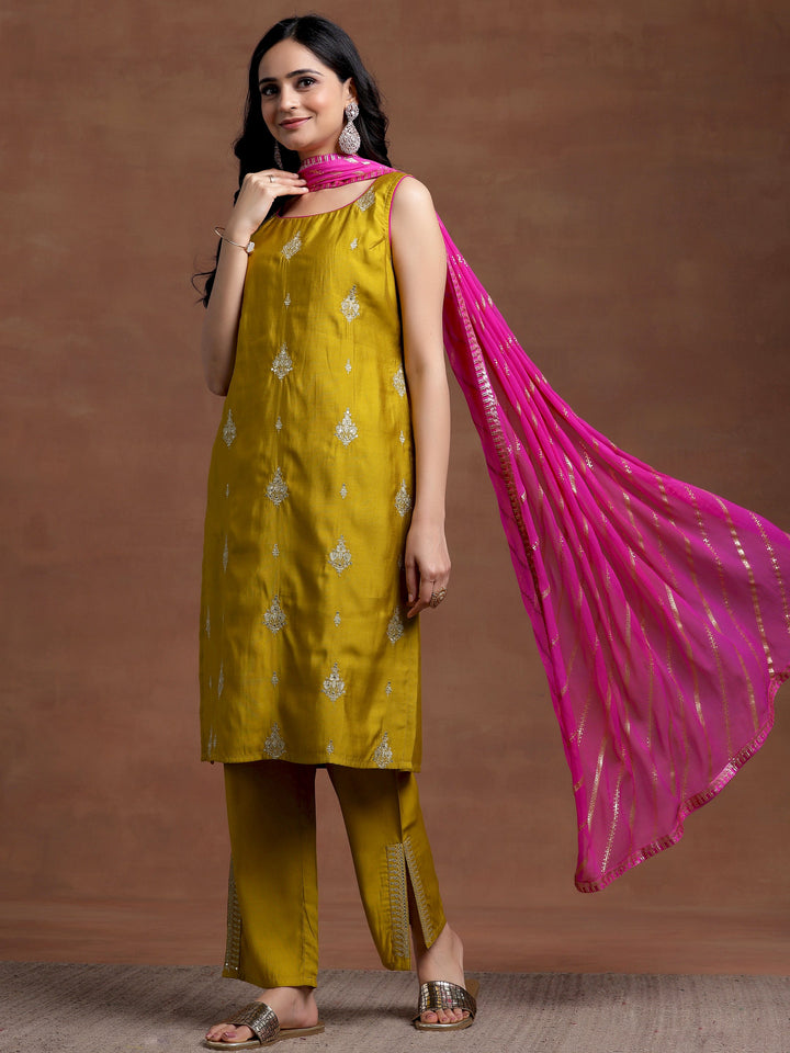 Mustard Embroidered Silk Blend Straight Suit With Dupatta