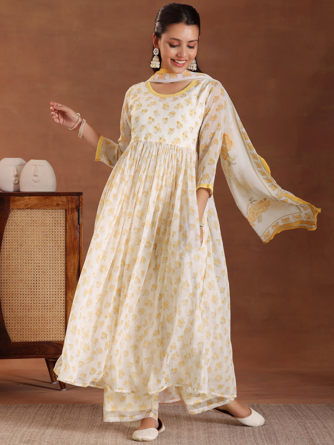 Off white Printed Poly Chiffon A-Line Kurta With Trousers & Dupatta