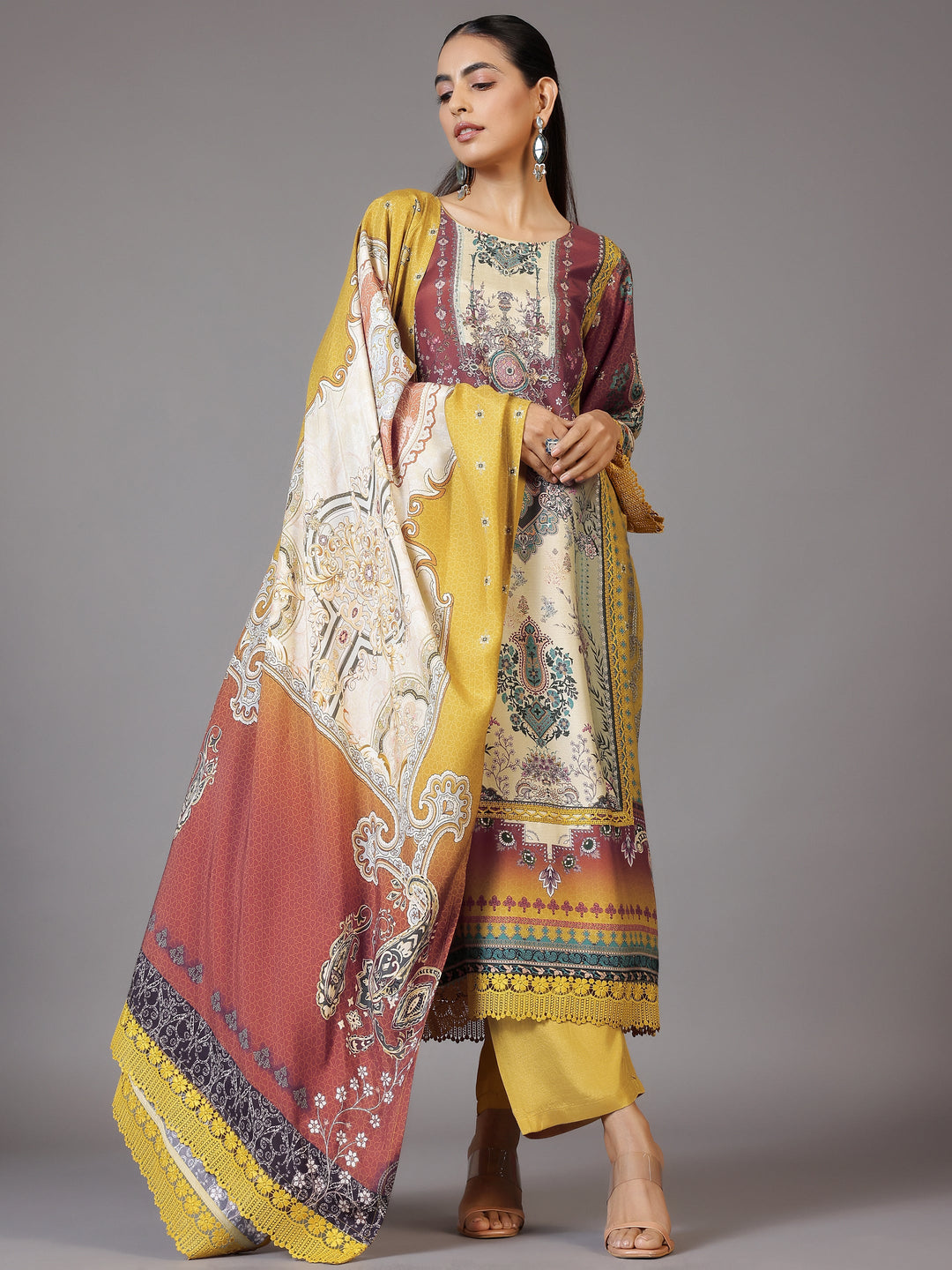 Mustard Printed Silk Blend Straight Suit With Dupatta