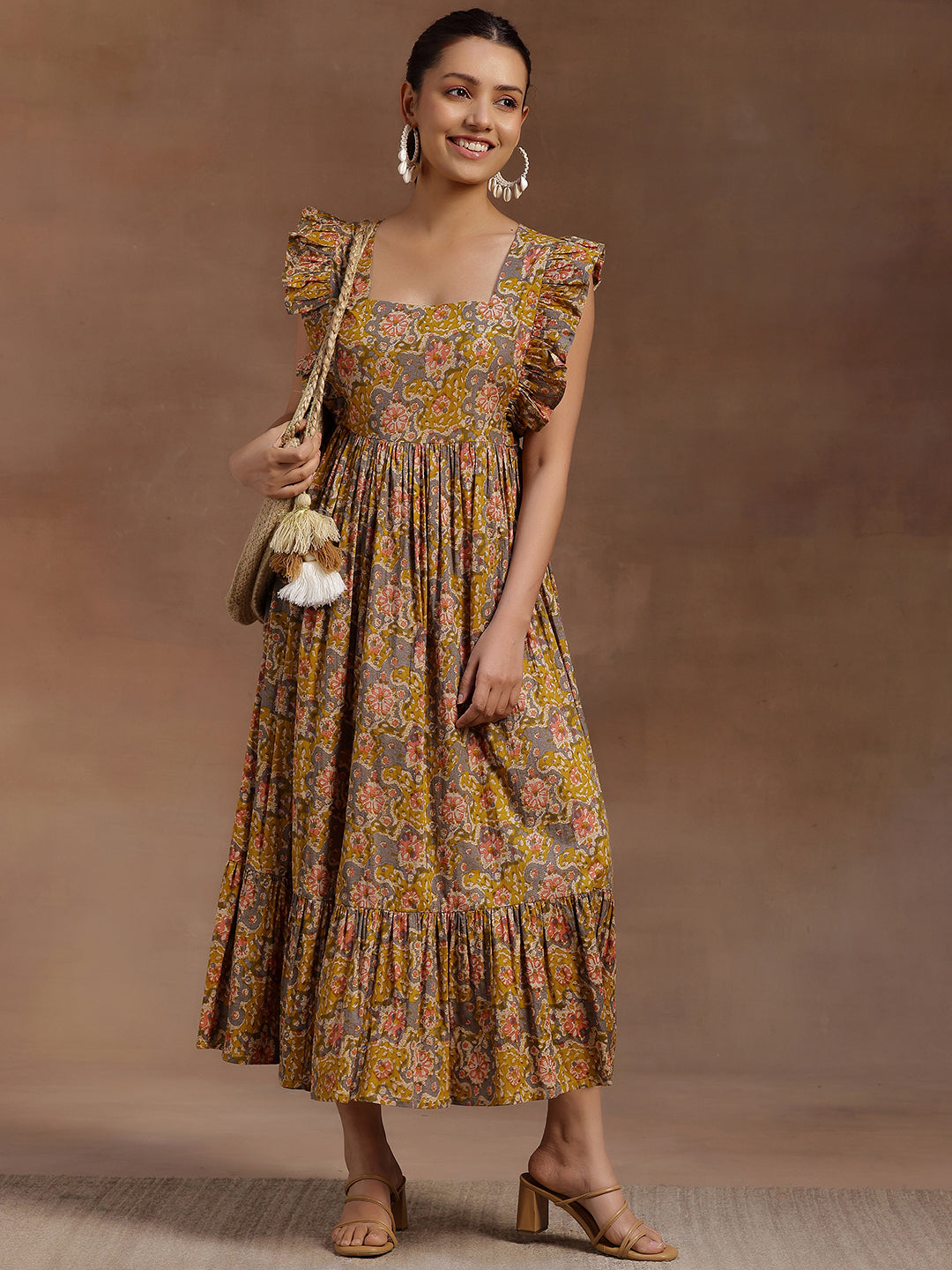 Libas Women Mustard Printed Cotton Fit and Flare Dress - L Libas Women Mustard Printed Cotton Fit and Flare Dress - L