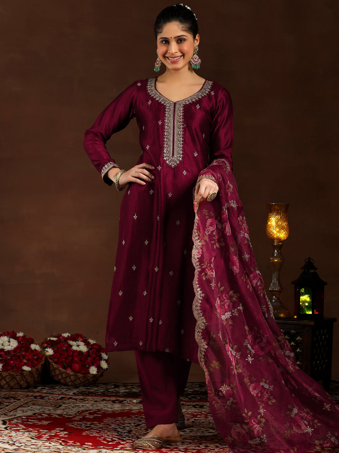 Maroon Embroidered Silk Blend Straight Suit With Dupatta