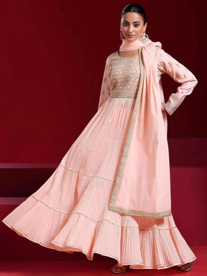 Libas Art Peach Embroidered Cotton Blend A-Line Kurta With Trousers & Dupatta