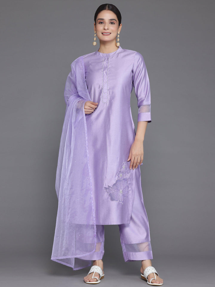 Lavender Solid Silk Blend Straight Suit With Dupatta