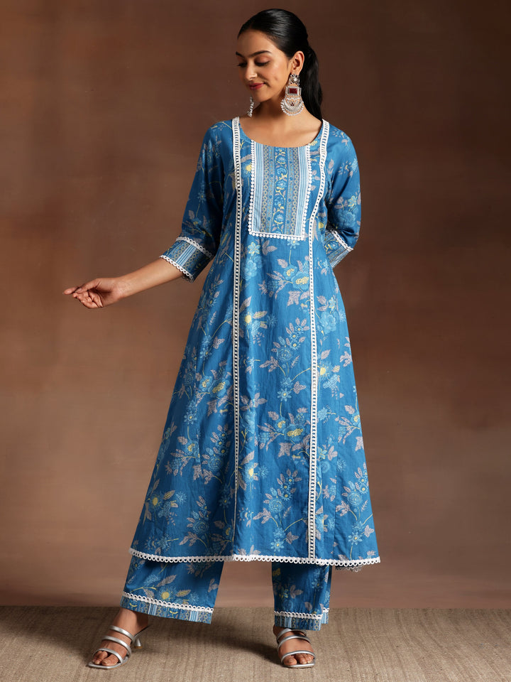 Blue Printed Cotton A-Line Kurta With Palazzos