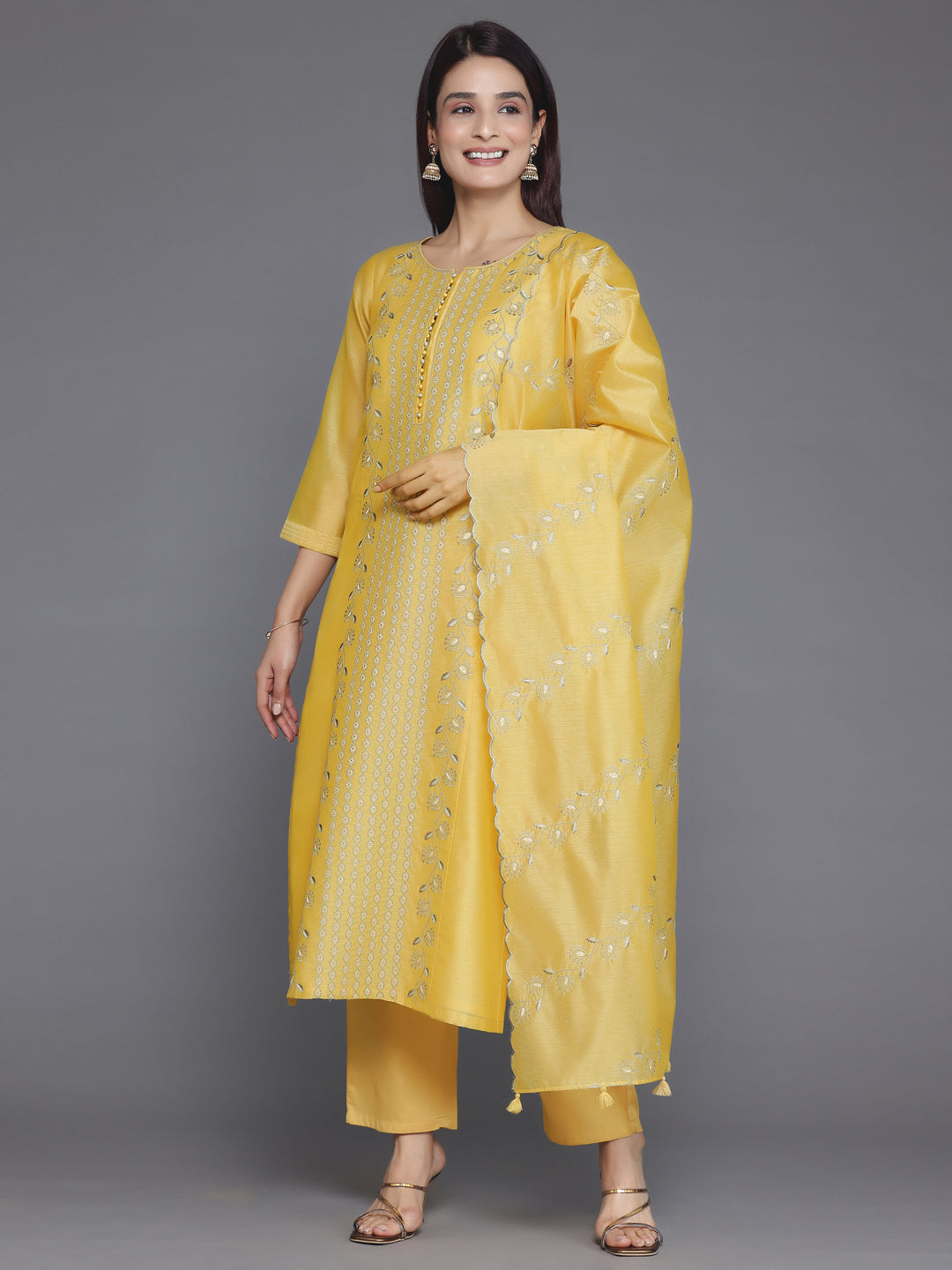 Yellow Embroidered Chanderi Silk Straight Suit With Dupatta