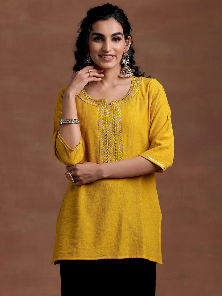 Mustard Self Design Cotton Blend Kurti
