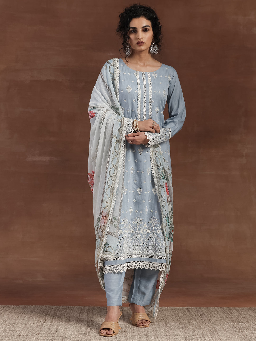 Blue Embroidered Silk Blend Straight Suit With Dupatta