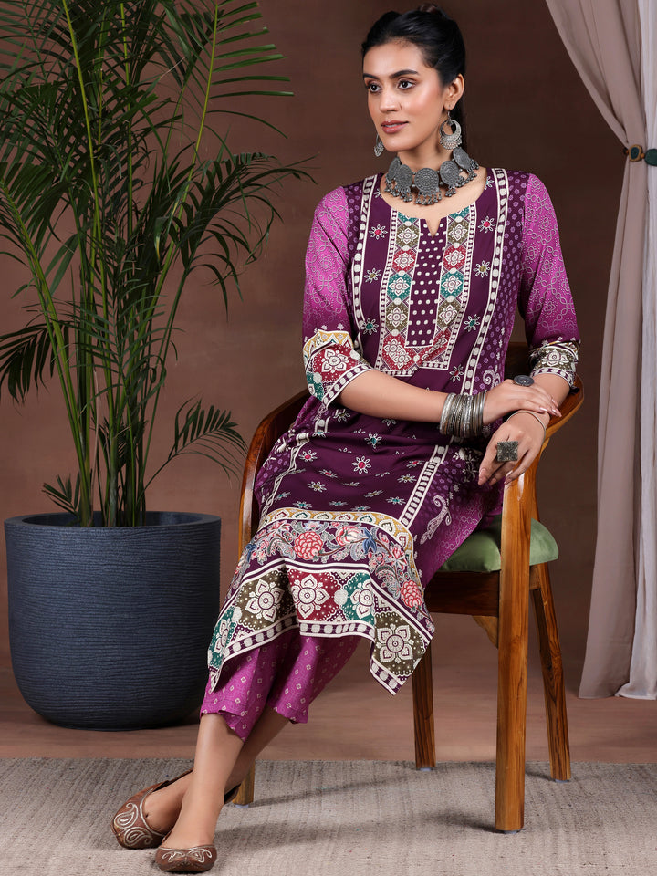 Wine Printed Poly Crepe Straight Kurta Set