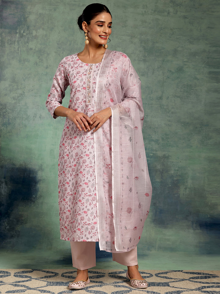 Lilac Printed Cotton Straight Suit With Dupatta