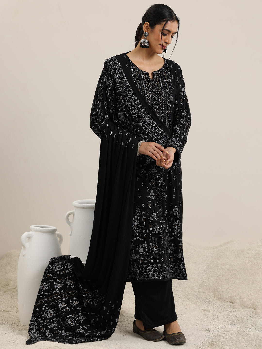 Black Woven Design Wool Blend Straight Suit With Dupatta