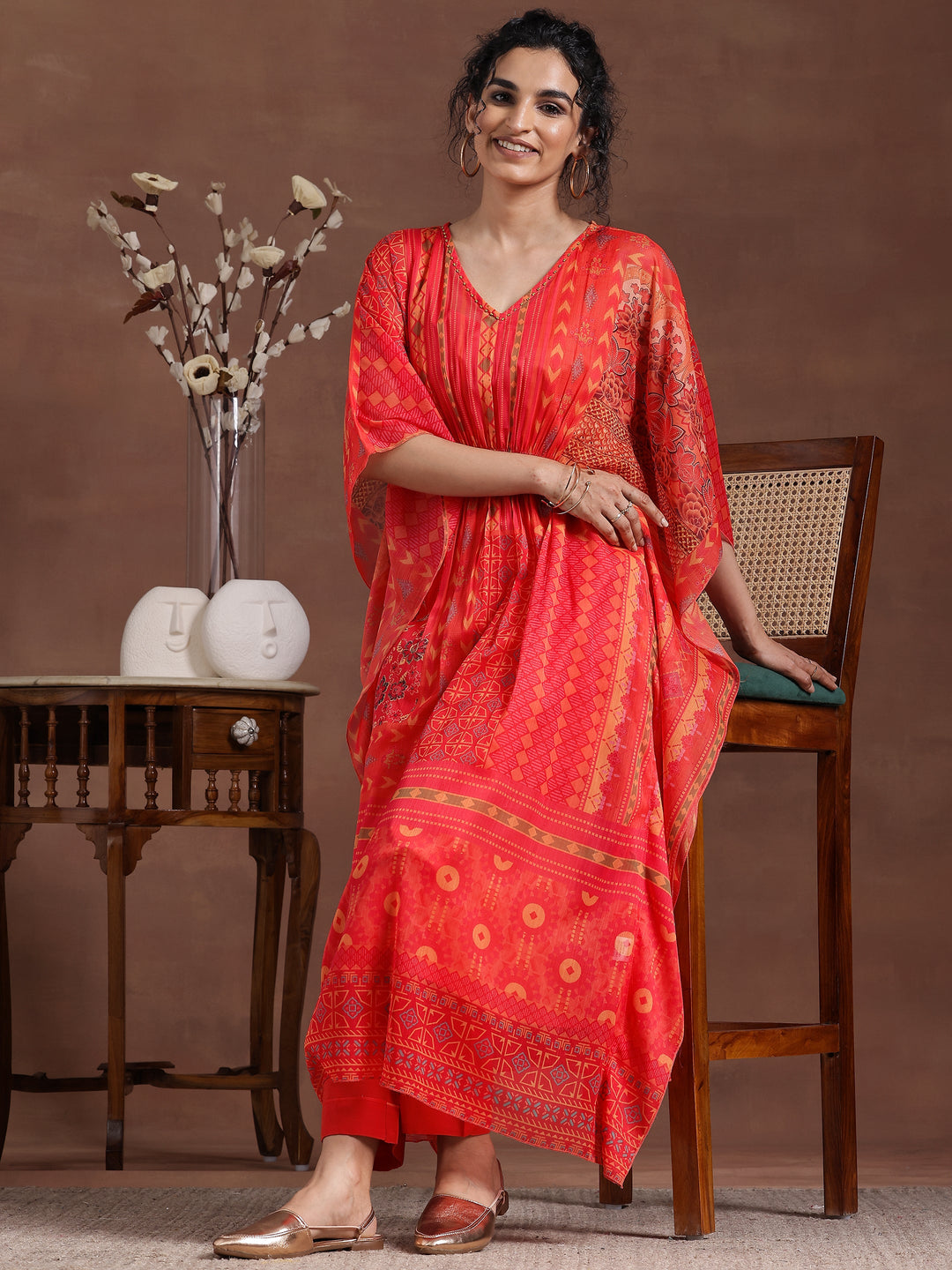 Orange Printed Chiffon 3 Piece Co-Ords