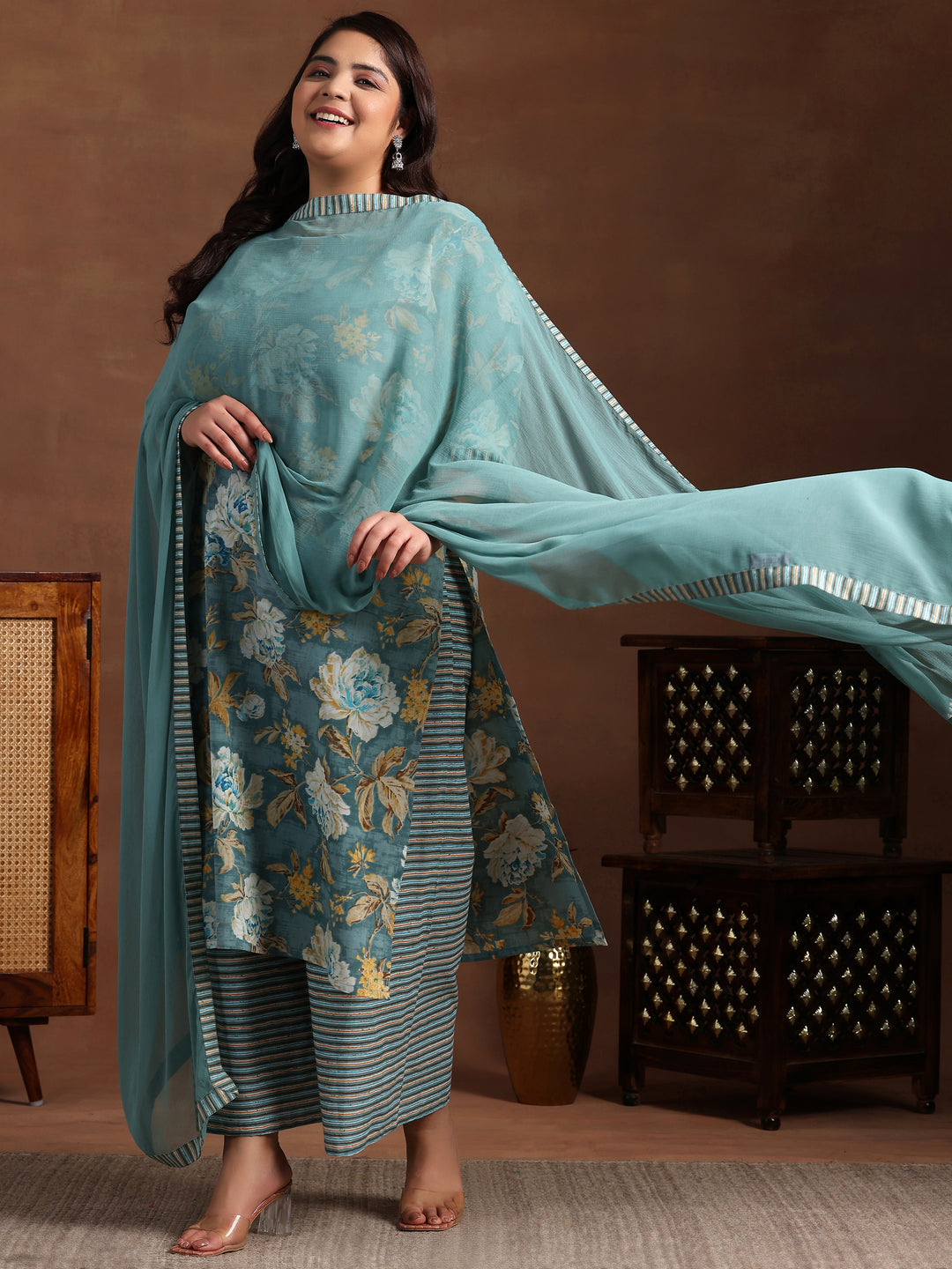 Plus Size Grey Printed Cotton Straight Suit With Dupatta