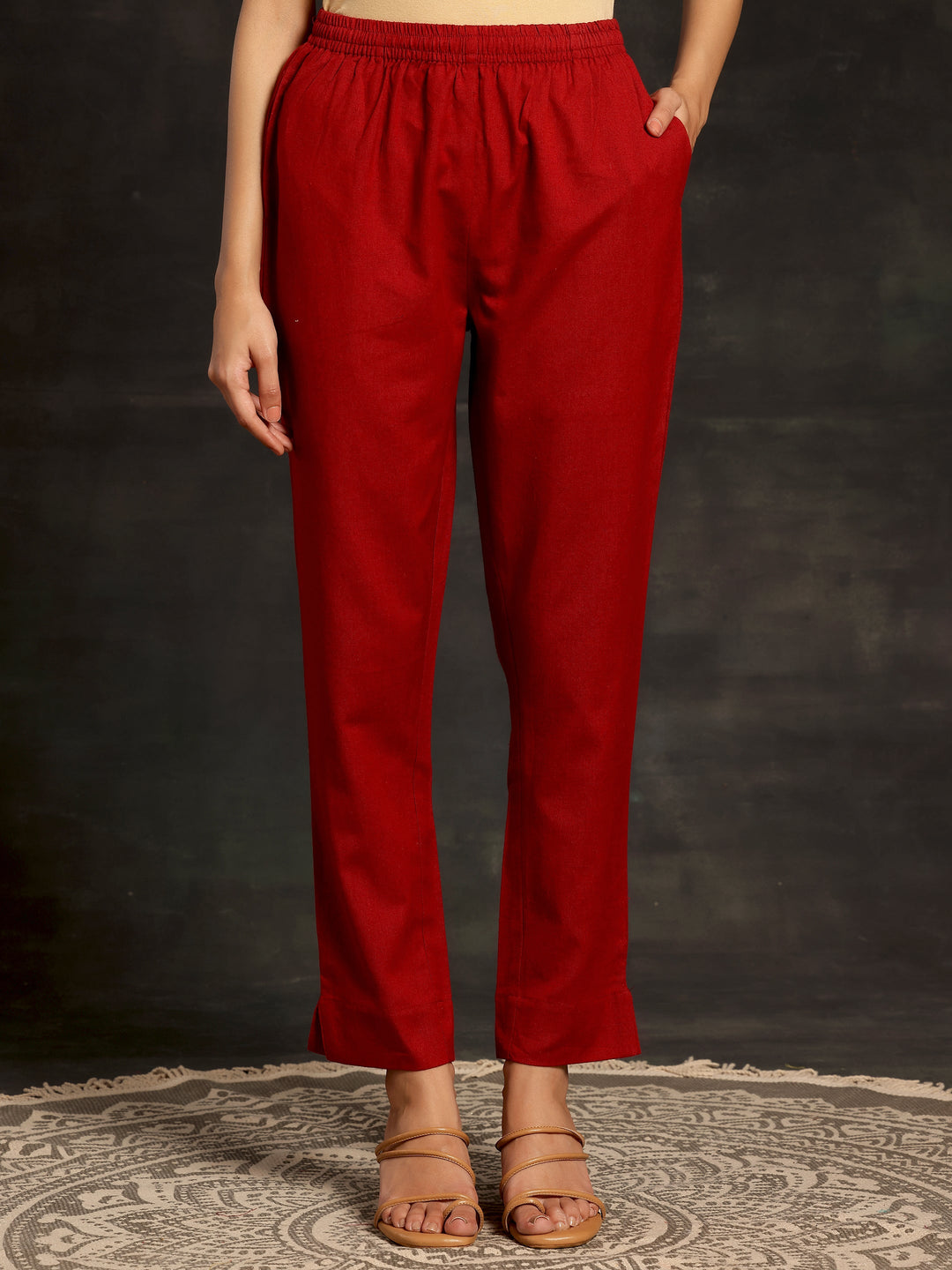 Maroon Solid Cotton Straight Fit Trousers