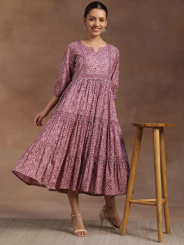 Purple Printed Cotton Tiered A-Line One Piece Dress