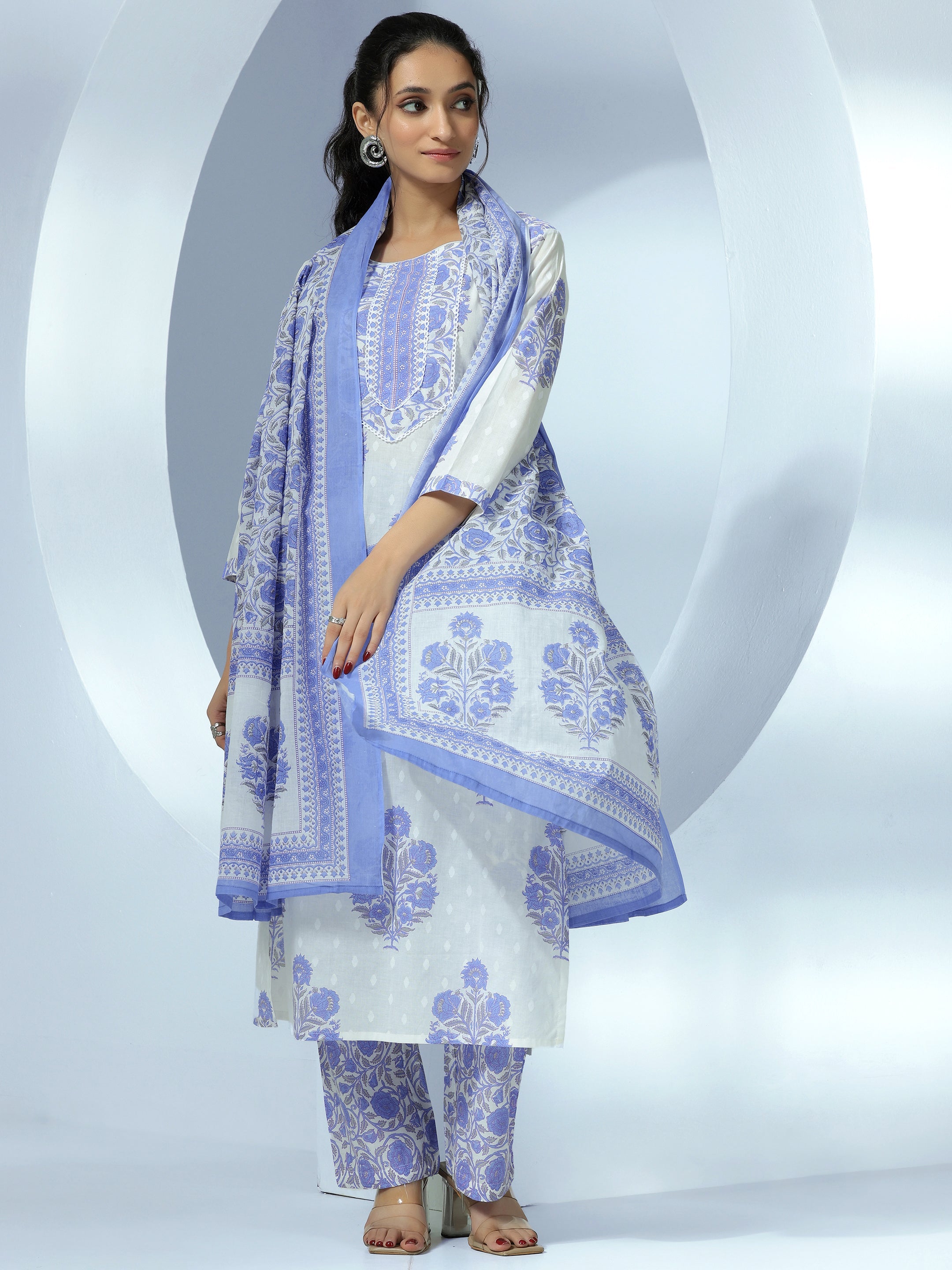 White Printed Cotton Blend Straight Suit Set With Dupatta