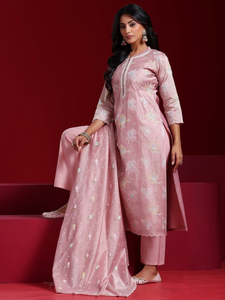 Libas Art Pink Embroidered Chanderi Silk Straight Suit With Dupatta