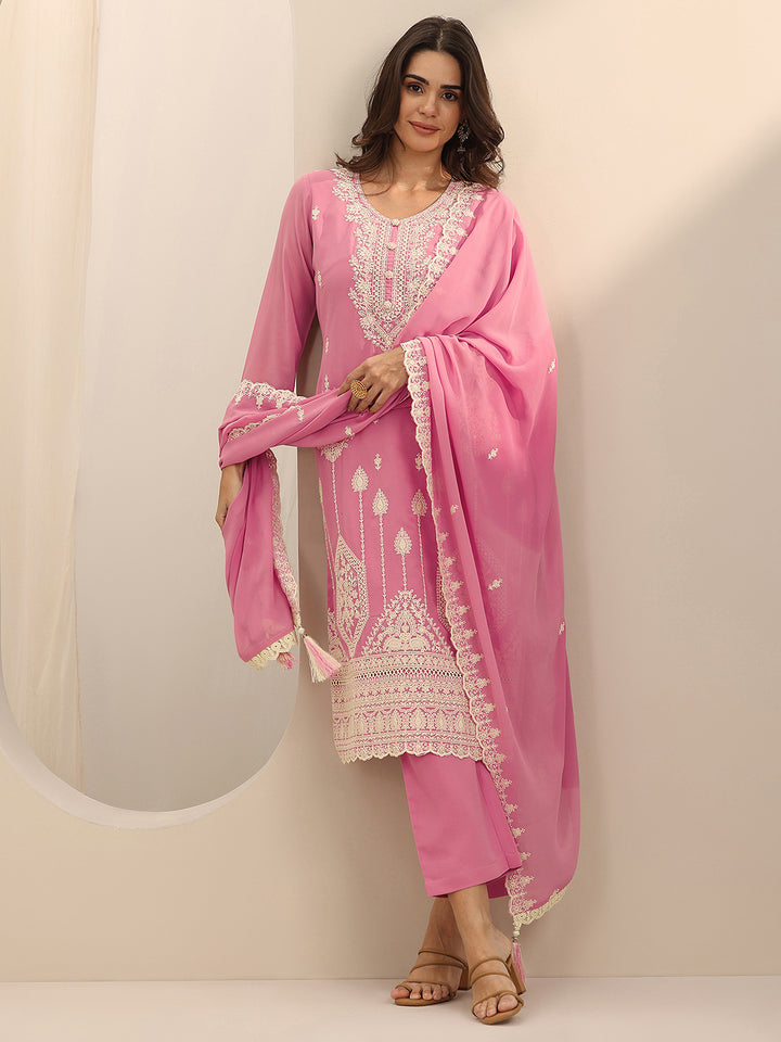 Pink Embroidered Georgette Straight Suit Set With Dupatta