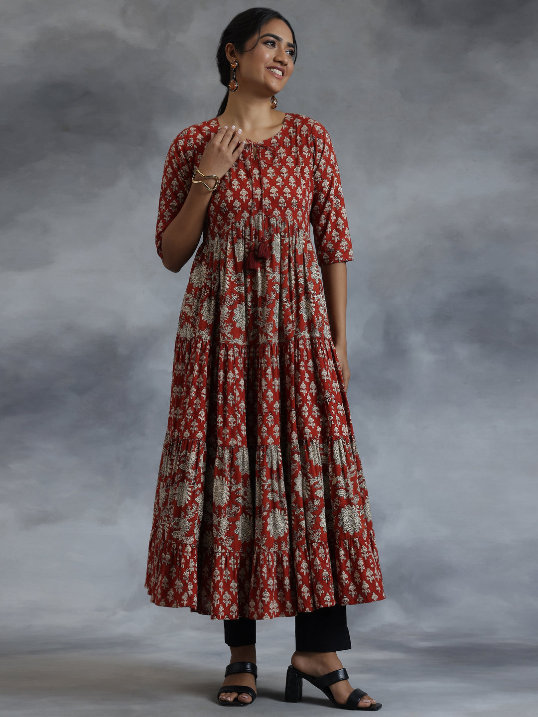 Rust Printed Cotton A-Line Dress
