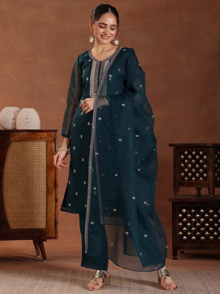 Green Embroidered Organza Straight Suit With Dupatta
