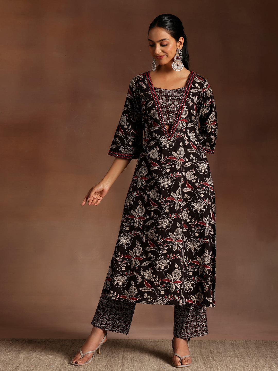 Black Printed Cotton A-Line Kurta With Palazzos