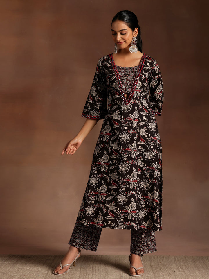 Black Printed Cotton A-Line Kurta With Palazzos