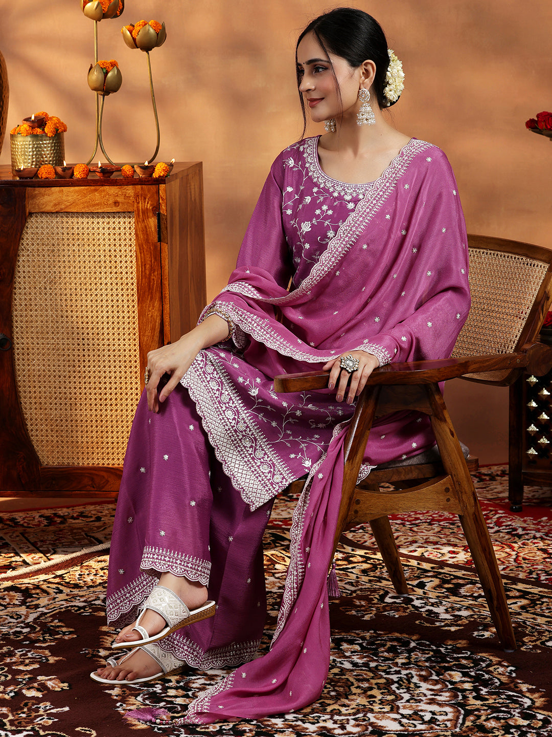 Mauve Embroidered Silk Blend A-Line Suit Set With Dupatta