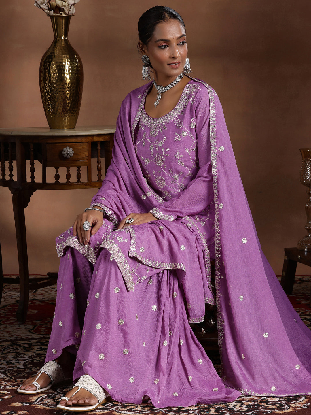 Lavender Embroidered Silk Blend Straight Suit With Dupatta