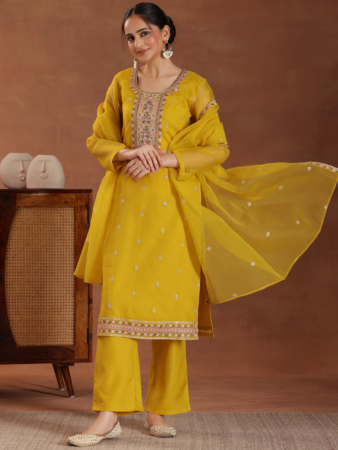 Mustard Embroidered Organza Straight Suit With Dupatta