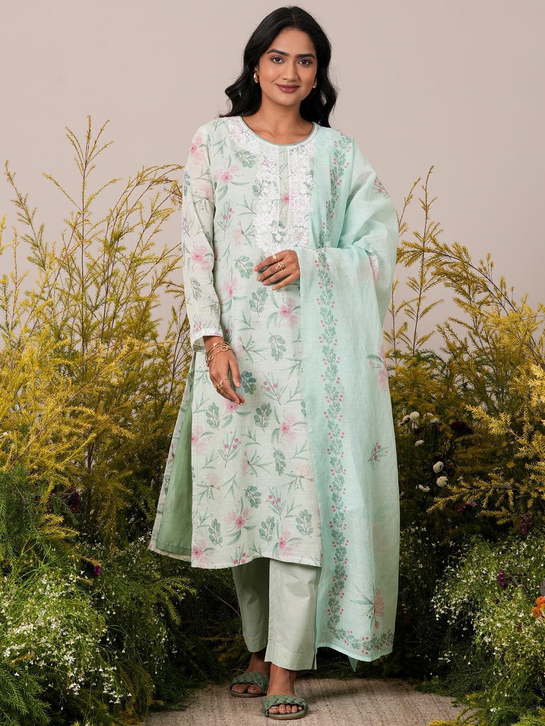 Green Printed Cotton Blend Straight Suit With Dupatta