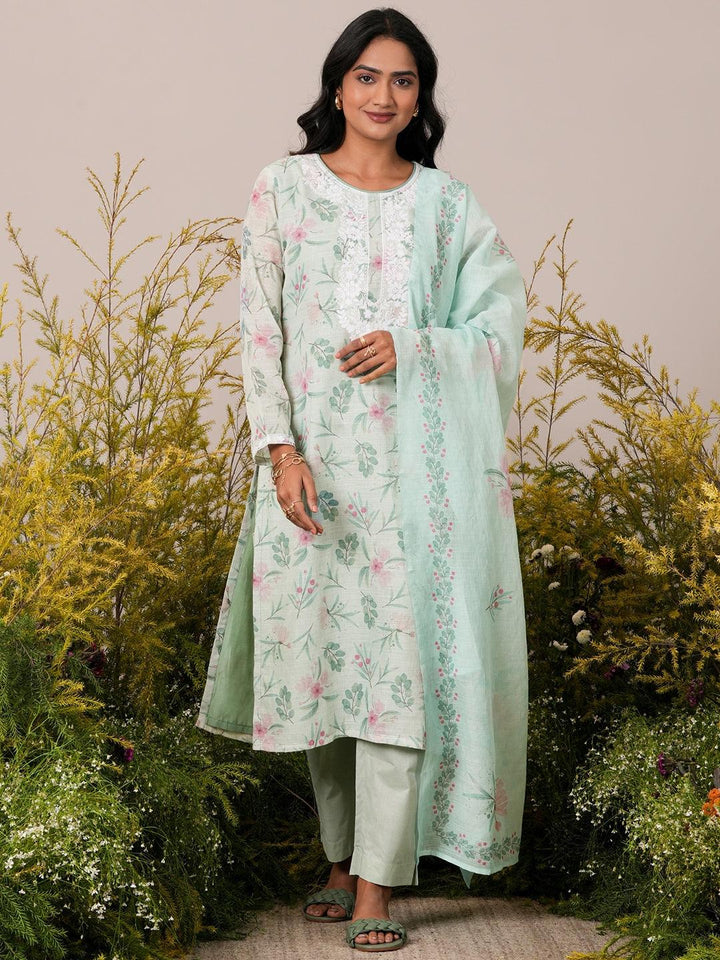 Green Printed Cotton Blend Straight Suit With Dupatta