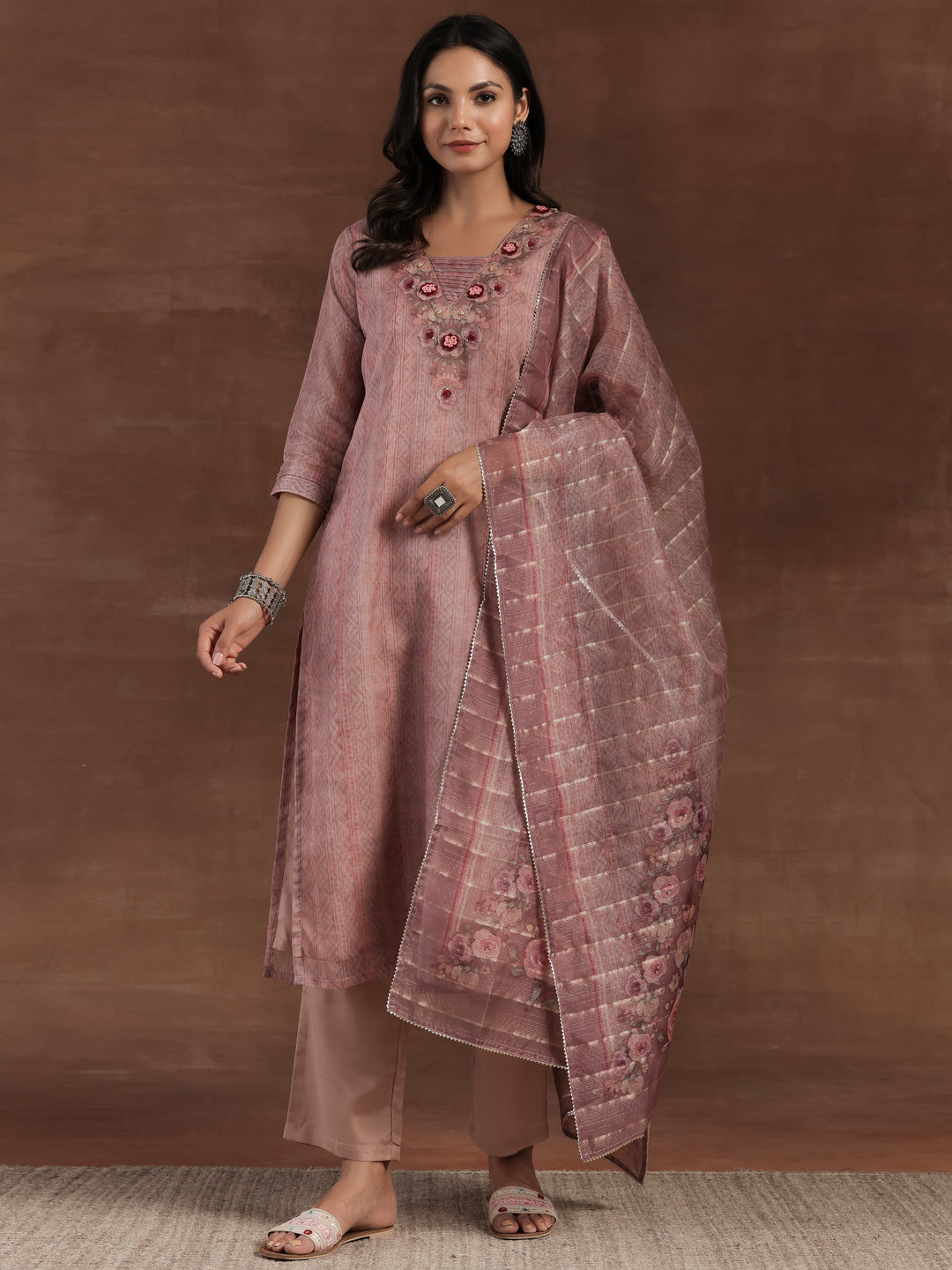 Pink Printed Organza Straight Suit With Dupatta