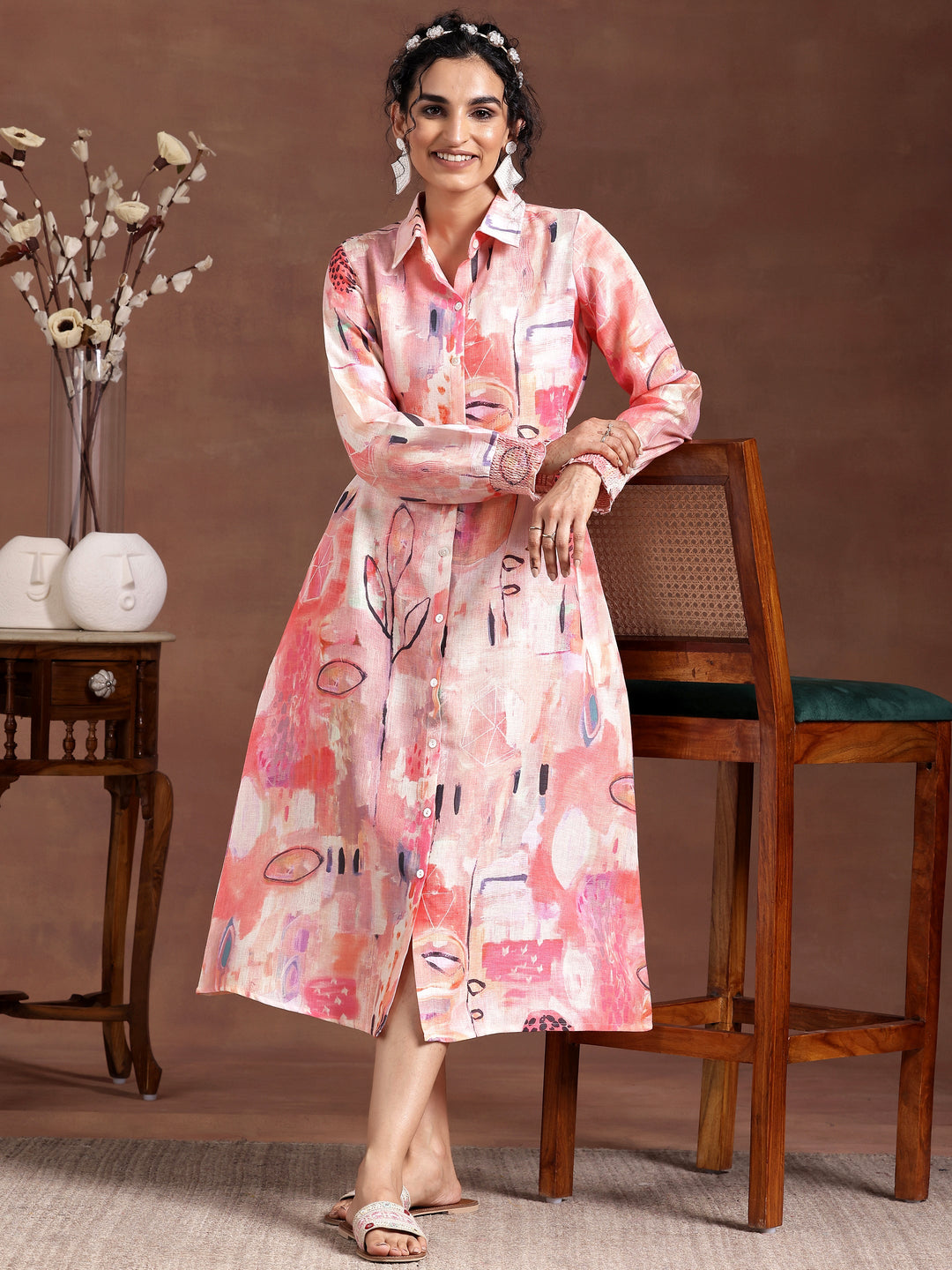Peach Printed Cotton Blend A-Line Dress