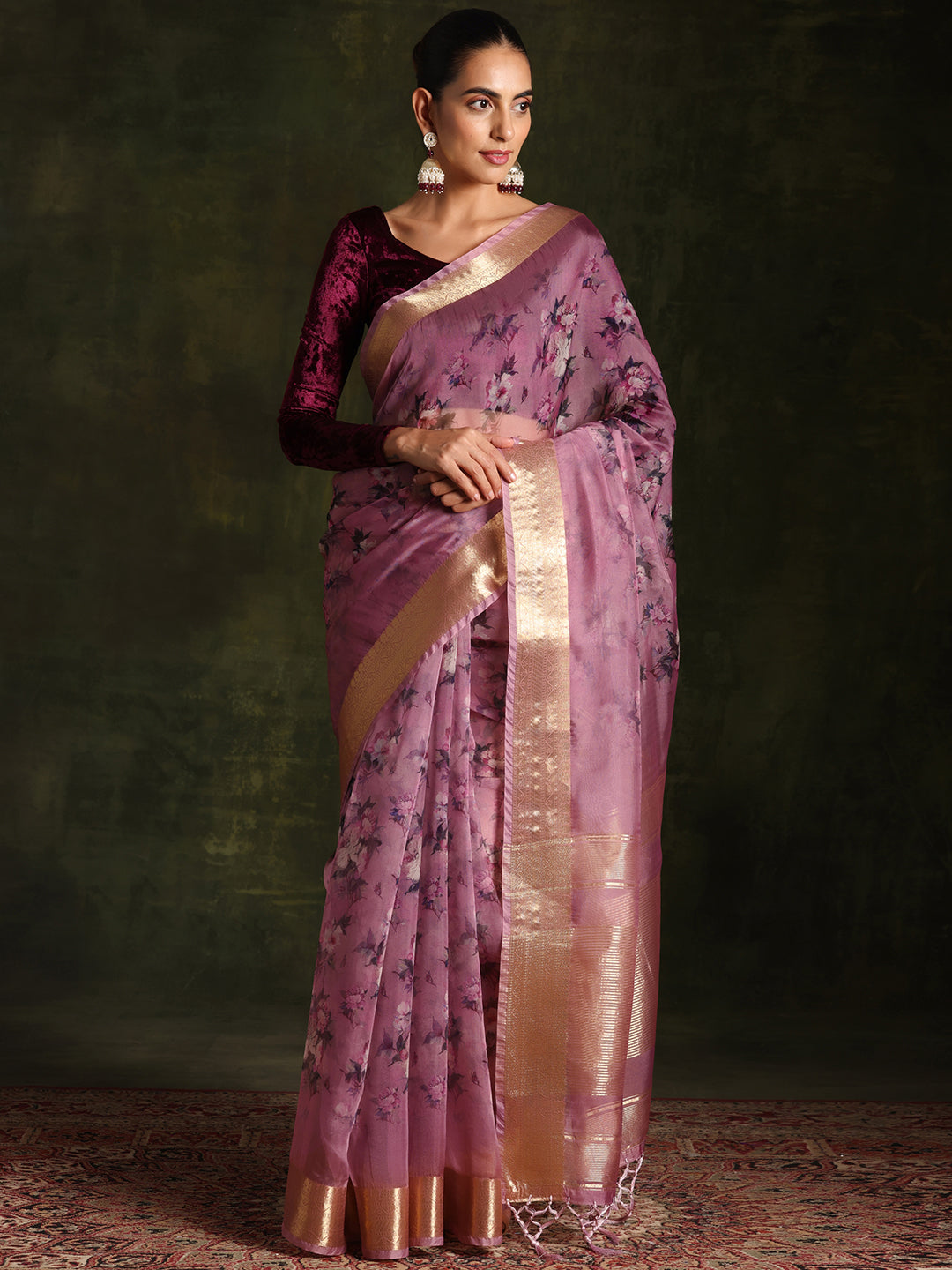 Purple Printed Organza Saree With Unstitched Blouse Piece