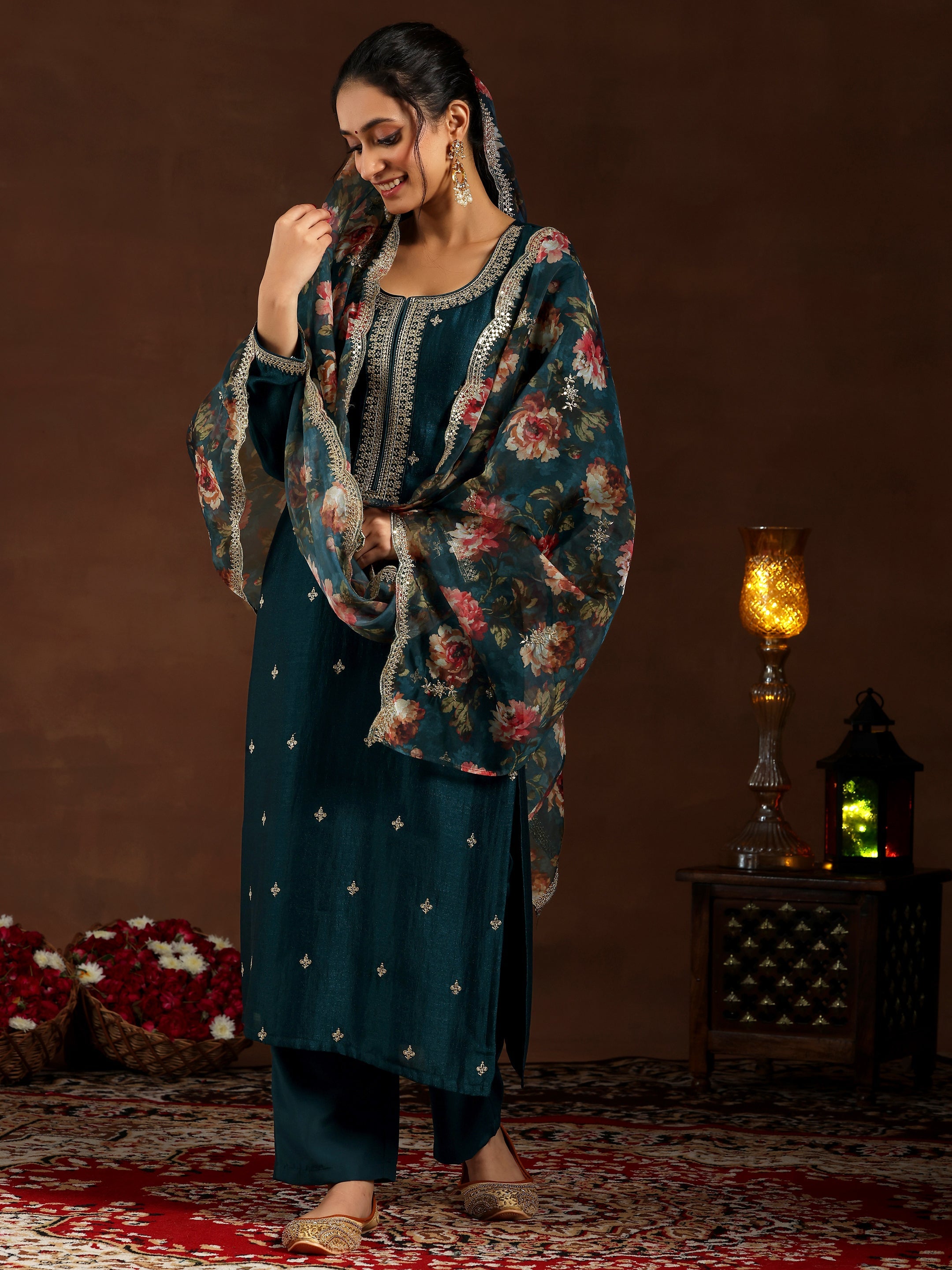 Teal Embroidered Silk Blend Straight Suit Set With Dupatta main image 1