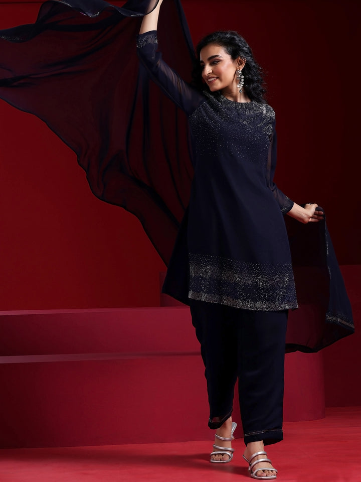 Libas Art Blue Solid Georgette Straight Suit With Dupatta