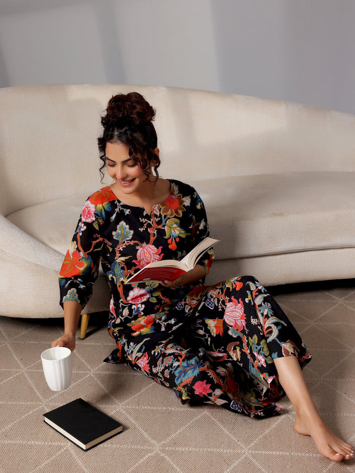 Black Printed Cotton Night Suits