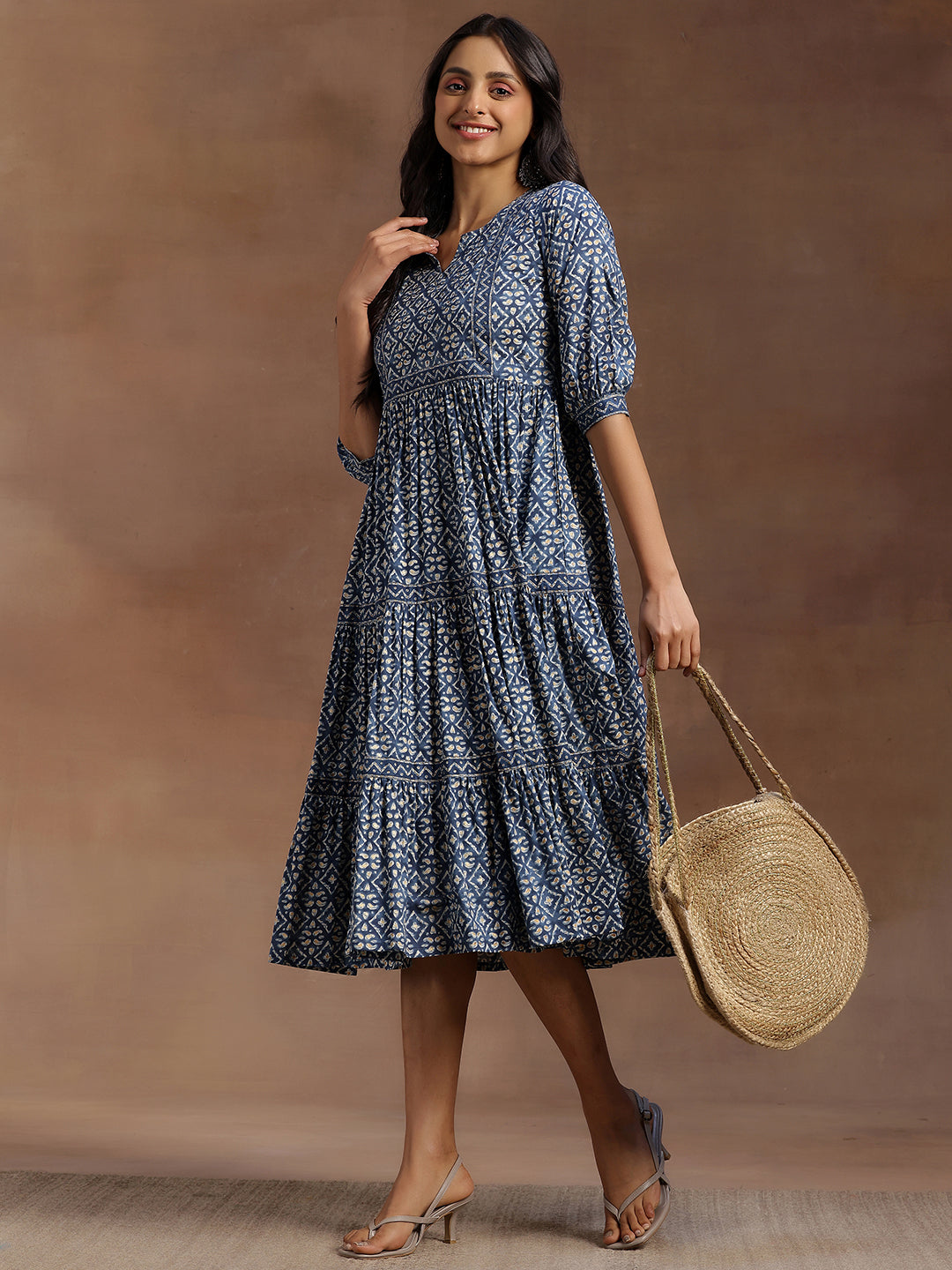 Blue Printed Cotton Tiered A-Line One Piece Dress