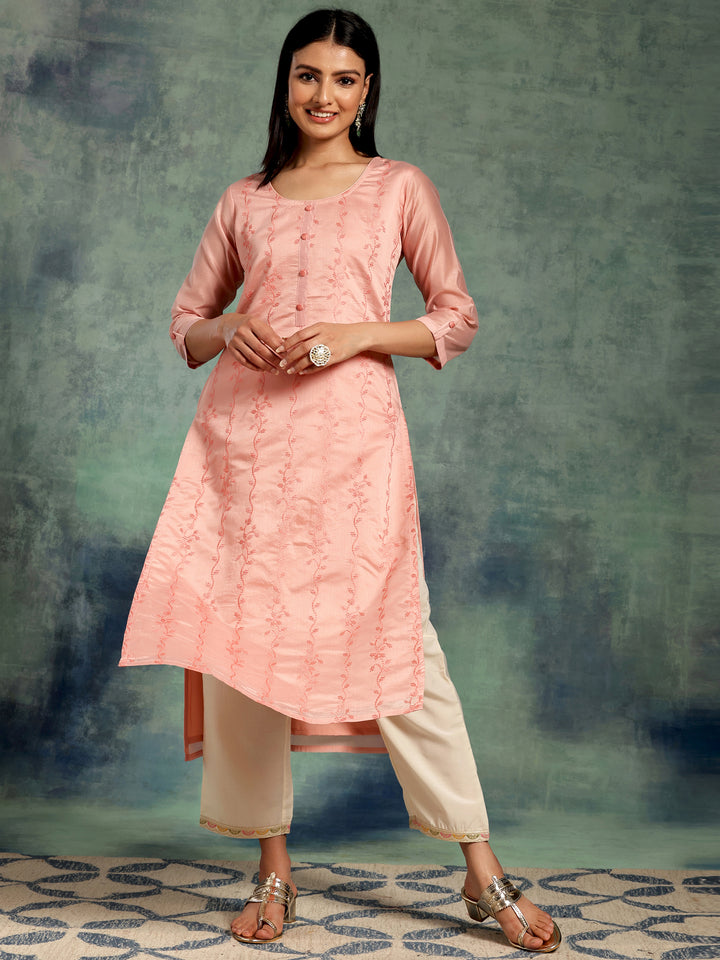 Peach Embroidered Chanderi Silk Straight Kurta