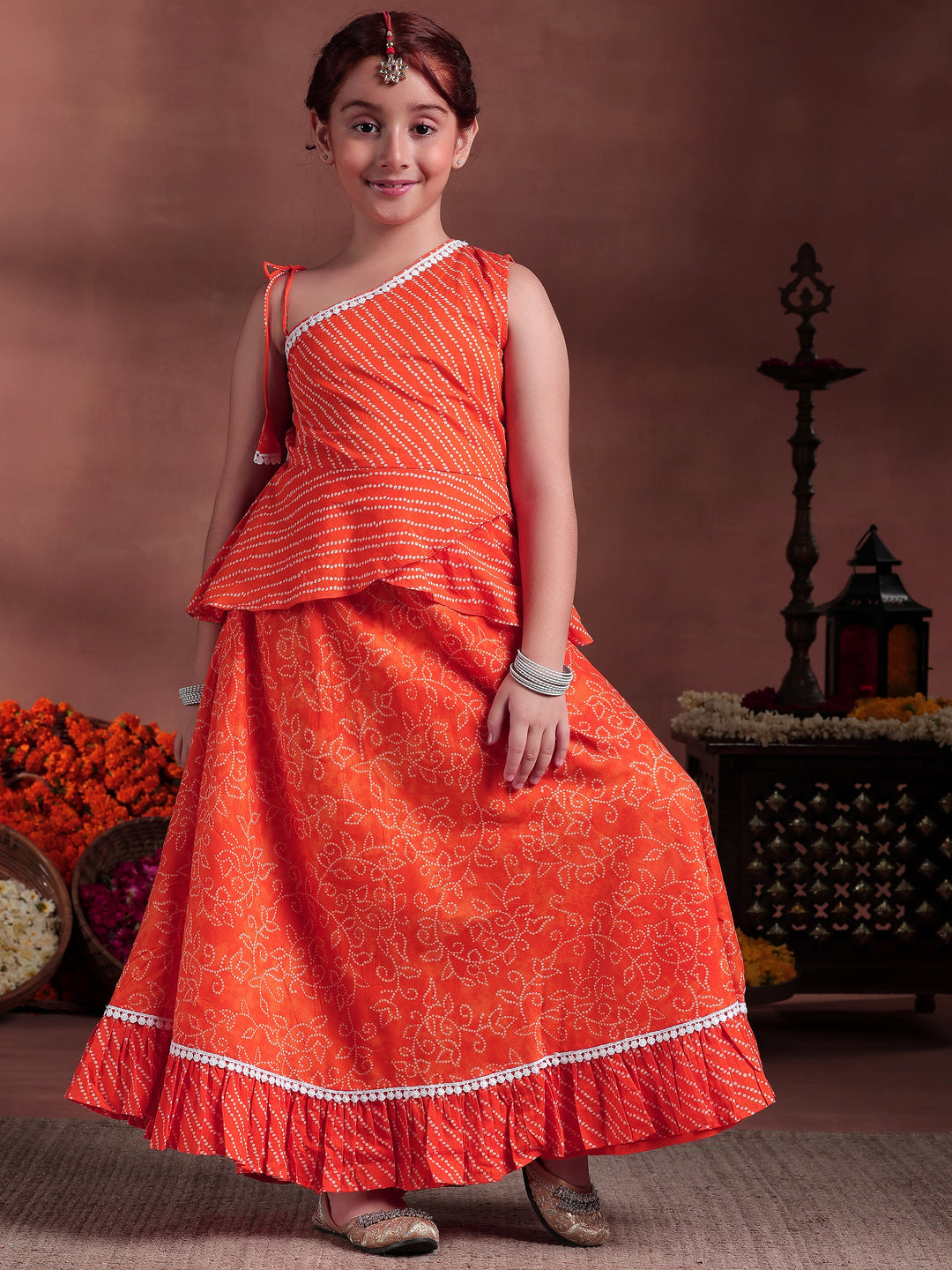 Orange Printed Cotton Lehenga Choli