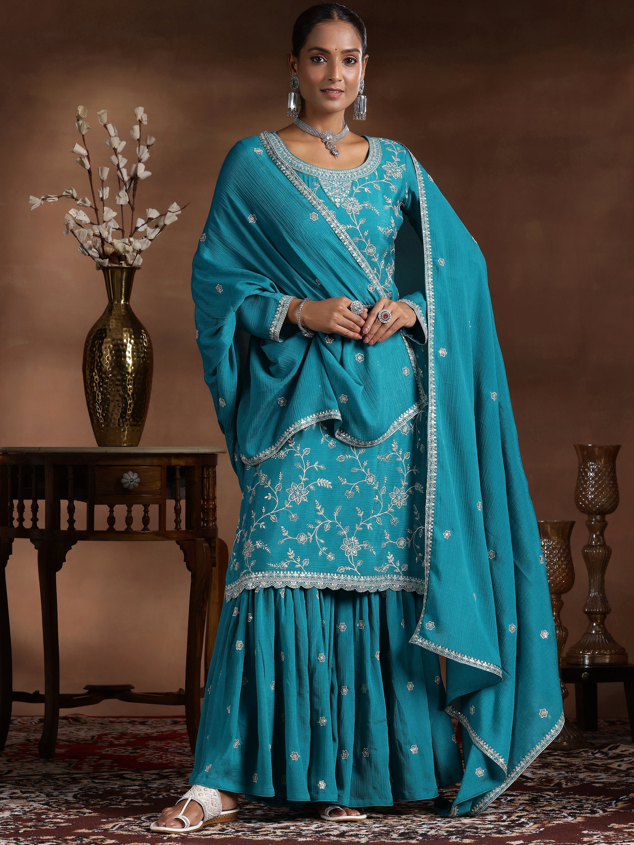 Turquoise Blue Embroidered Silk Blend Suit Set with Gold Checkered Dupatta main image 0