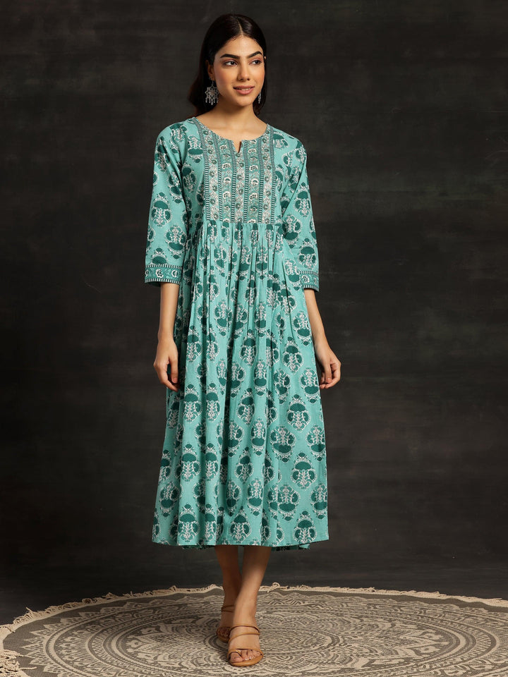Sea Green Printed Cotton Fit and Flare Dress