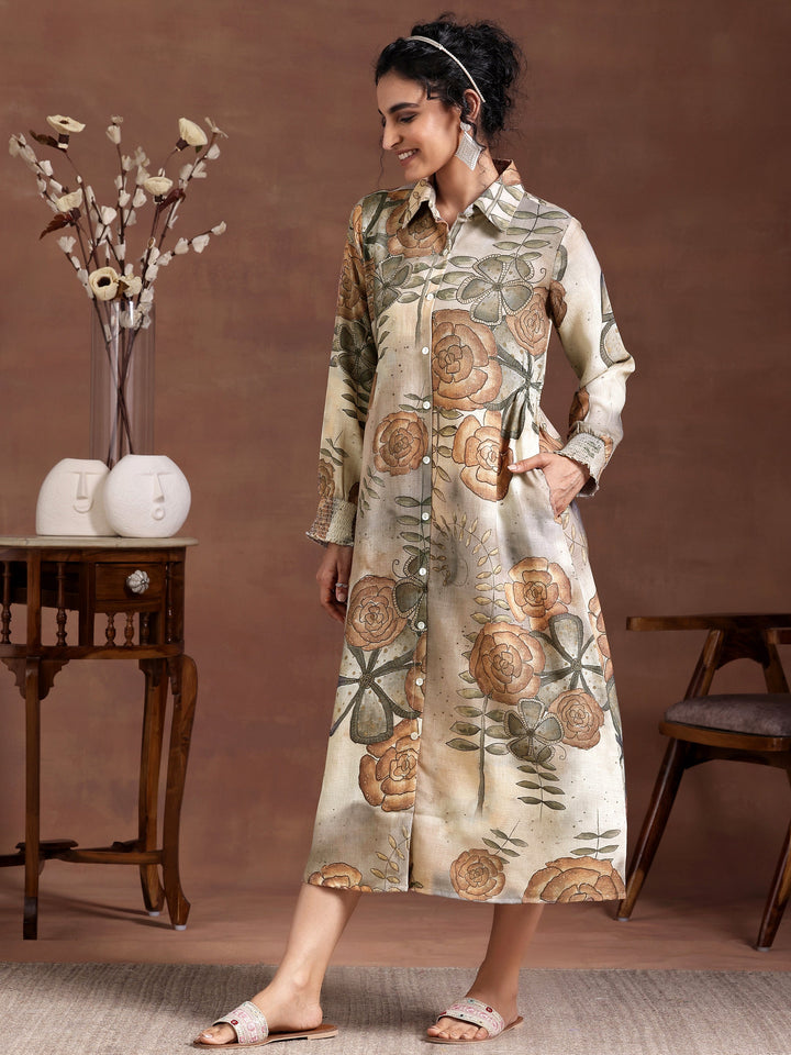 Grey Printed Cotton Blend Shirt Dress
