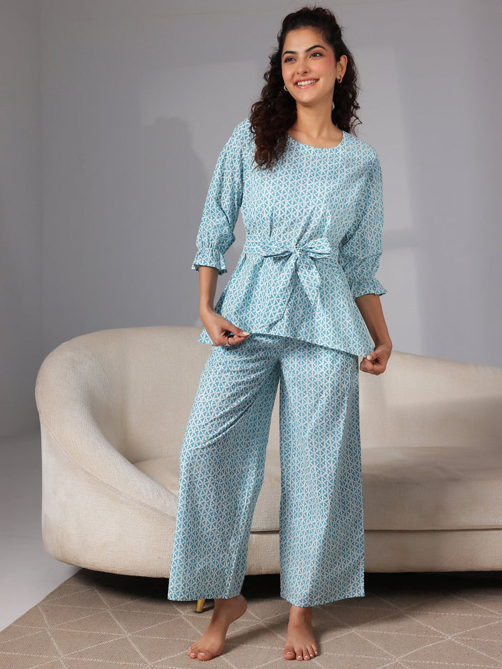 Blue Printed Cotton Night Suits