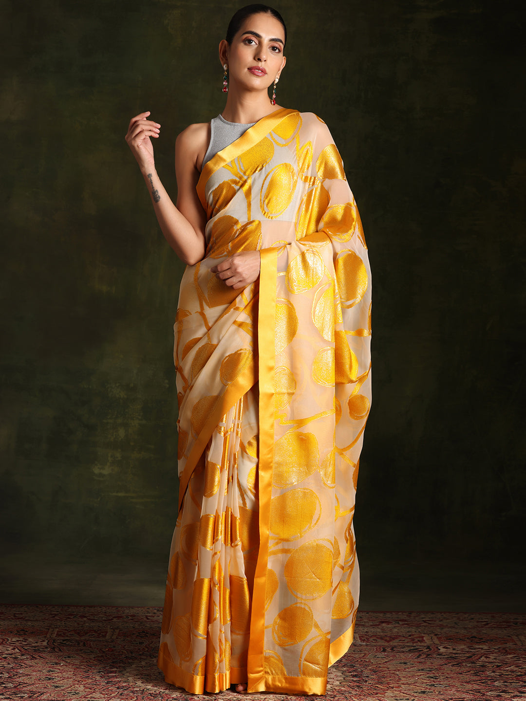 Beige Woven Design Brasso Saree With Unstitched Blouse Piece