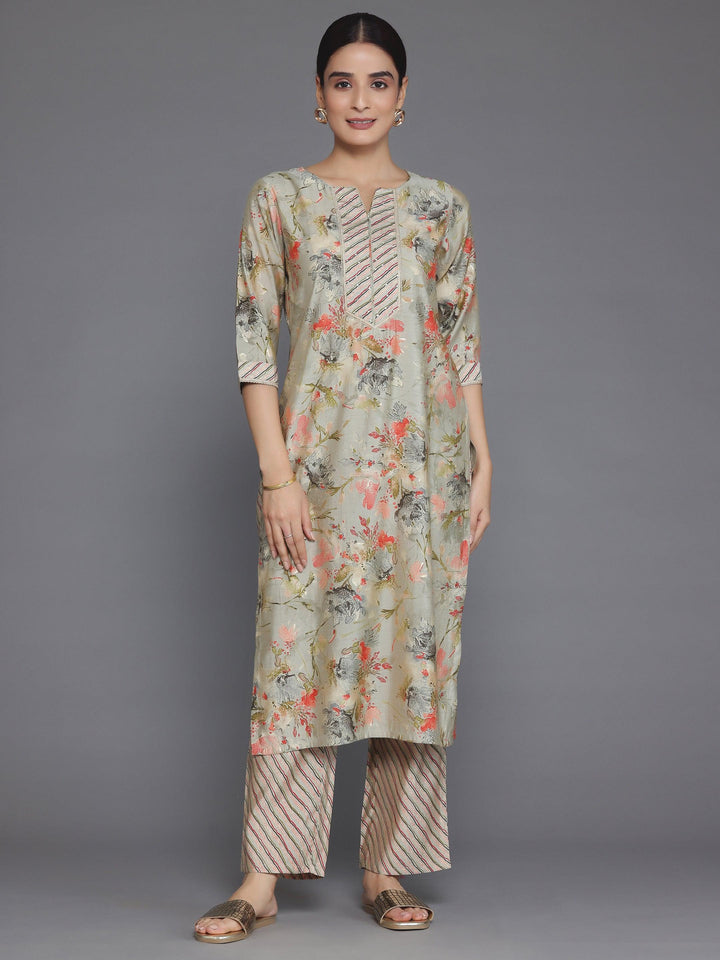 Grey Printed Silk Blend Straight Kurta Set